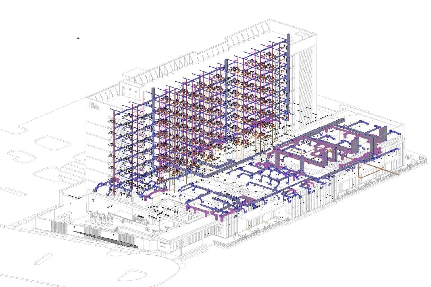 High-precision BIM MEP model — Hilton hotel engineering visualization